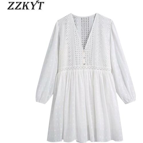 ZZKYT 2021 Women Summer Fashion White Button Mini Dress Vintage V Neck Long Sleeve Female Party Dresses Chic Vestidos Mujer
