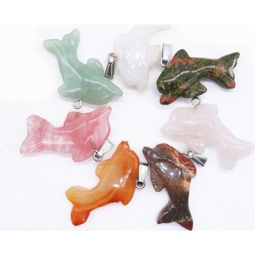 12PCS Hand Carved 26*45mm Dolphin Shaped Natural Stone Pendants Energy Chakra Pendant Necklace Women Pendulum For Jewelry Making