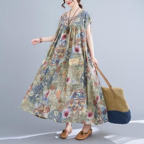 2021 Round - Neck Dress Cotton Print Short Sleeve Loose Summer Dress Women Long Plus Size Holiday Sundress Casual Dress