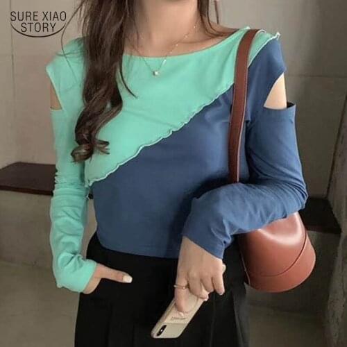 2021 Contrast Bottoming Shirt Off-shoulder Top Female Stitching Long-sleeved Shirt Fashion O-neck Short Blouse Women Blusa 15569