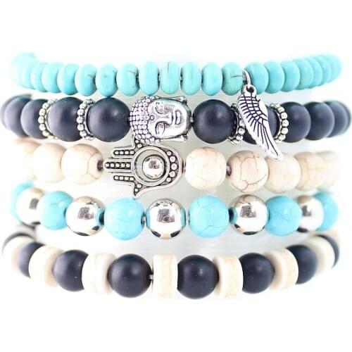 New boho hand charm pendant stone bracelet set buddha head beads 5pcs set bracelets for women femme jewelry party gift