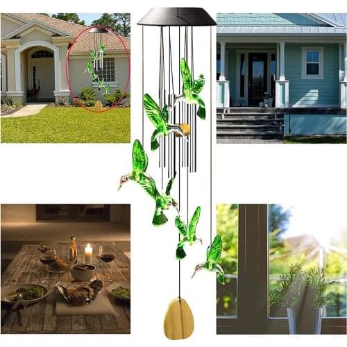 6LED Solar Power Changeable Light Wind Chime Crystal Ball Hummingbird Butterfly Waterproof Outdoor Garden Decoration Lights