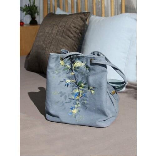 Alasir New Hand-painted Canvas Crossbody Bag Ancient Women Shoulder Bags Chinese Style Designer Flowers Bucket Bags