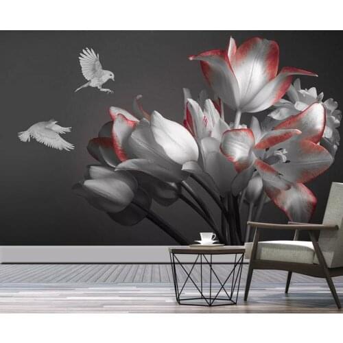 Custom 3D mural wallpaper modern minimalist aesthetic beautiful tulip flowers bird bedroom wall
