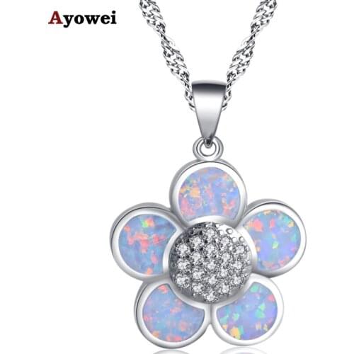 Ayowei Flower desgin white fire opal silver pendant necklaces for women fashion jewelry OP766A