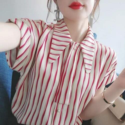 Women Summer Korean Fashion New Chiffon Blouses Lady Casual Loose Short Sleeve Shirts Female Striped Printed Blusas Tops Q390