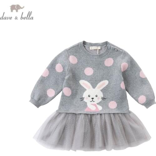 DBZ16104 dave bella autumn baby girls cute cartoon dots sweater dress children fashion party dress kids infant lolita clothes