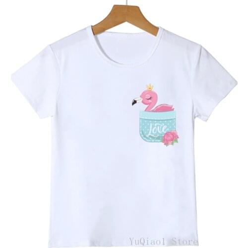 Cute Animals Pocket Flamingo/Bear/Fox/Bunny/Sheep/Elephant/Cat/Zebra/Unicorn/Giraffe Print Kids Clothes White Boy Girl T-Shirt