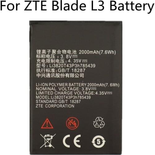 For ZTE Blade L3 Mobile Phone Battery Li3820T43P3h785439 3.8V 2000mAh High Quality Replacement Batteries 2PCS/LOT