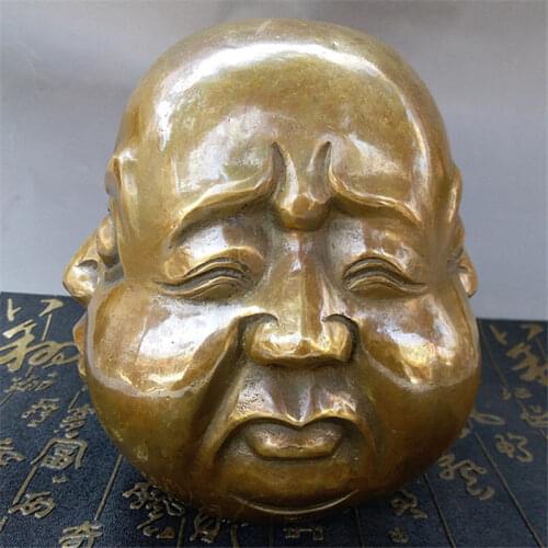 Chinese Bronze Carving 4 Face Buddha Happy Angry Sad Pleasure Head Bust Statue