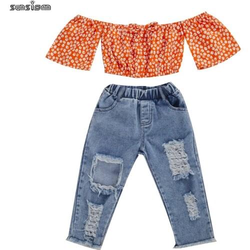 2PCS Baby Girl Clothes sets Orange Floral Off Shoulder Crop Top Ripped Jeans Outfits Toddler Baby Summer Clothing 1-5Y