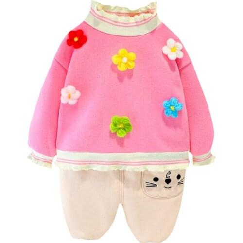 2020 Baby Girl Clothes Set Newborn Plus Velvet Thickening 2pcs Outfit Kids Cotton Flower Tracksuit Set Children Fall Winter Suit