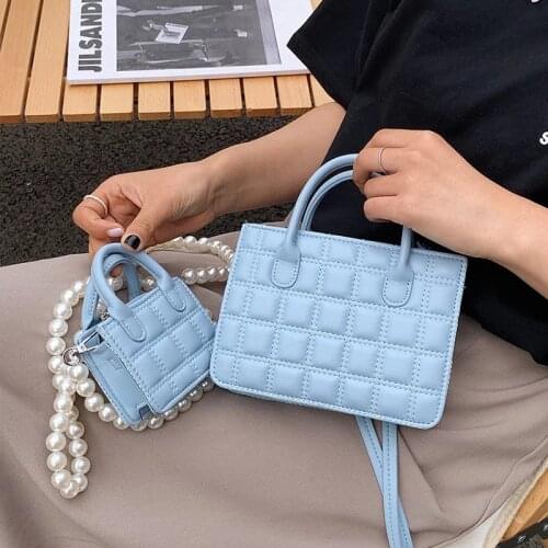 Lattice Square Mini Tote bag 2021 Summer New High-quality PU Leather Womens Designer Handbag Pearl strap Shoulder Messenger Bag