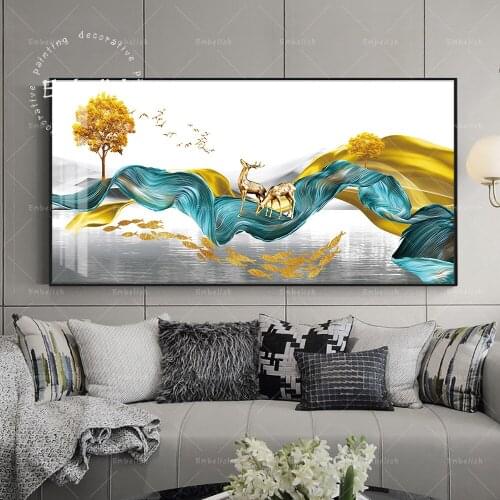 Embelish Fashion Wall Posters Landscape HD Canvas Paintings Golden Deer And Tree Modern Home Decor Pictures For Living Room