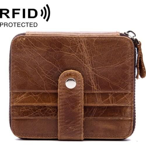 Zipper Layer Cowhide RFID Anti Degaussing Mens Genuine Leather Oil Wax Card Holder Card Set Purse
