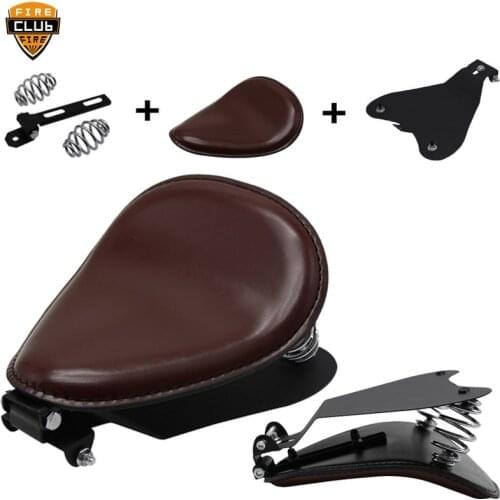1pc Motorcycle Retro Brown Pu Leather Skull Logo Solo Seat+3" Spring Bracket Mounting Base Kit For Bobber Saddle Seat Cafe Racer