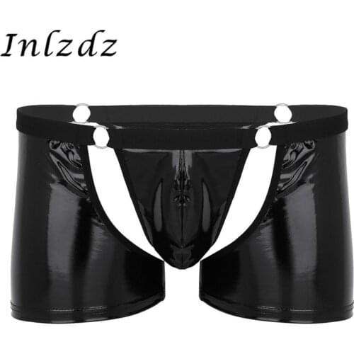 Mens Erotic Lingerie Underwear Wetlook Leather Cut Out Bulge Pouch Panties Boxer Shorts Metal O-rings Sexy Underwear for Sex