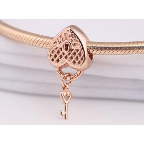 Authentic S925 Silver Bead Openwork Rose Love You Lock & Key Charm fit Lady Bracelet Bangle DIY Jewelry