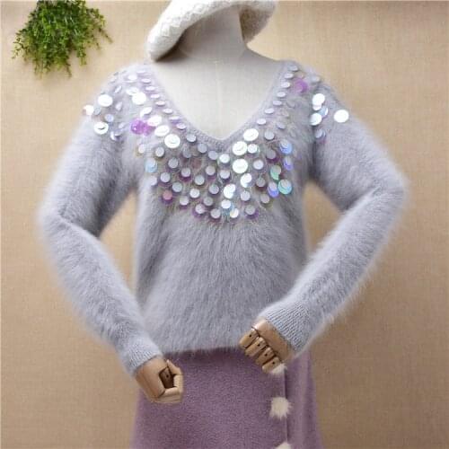 Ladies women fall winter hairy plush mink cashmere knitted sequins deep v-neck slim blouses pullover angora fur jumper sweater