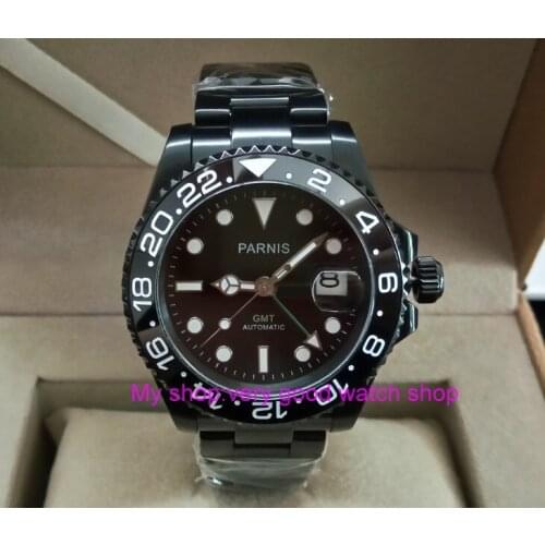 Sapphire crystal 40mm parnis black dial Asian Automatic Self-Wind movement Ceramic bezel GMT luminous PVD case mens watch 390A
