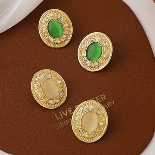 Vintage Korean Opal Shaped Stud Earrings Blue Yellow Hollow Flower Crystal Ear Stud for Women 2021 Trend Retro Statement Earring