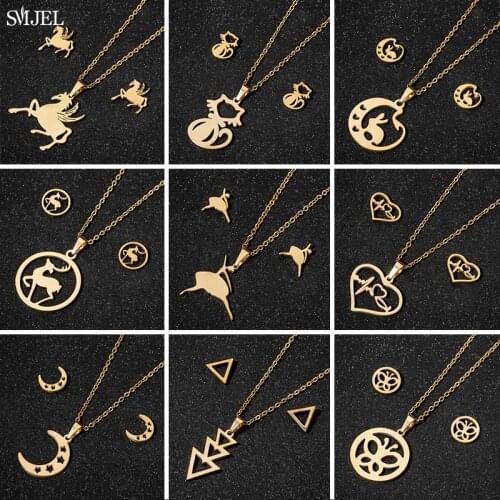 Gold Color Stainless Steel Jewelry Sets Wedding Cartoon Unicorn Rabbit Moon Crescent Heart Necklaces Earrings Ballet Wholesale