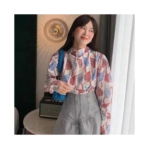 Women High-neck Printed Long-sleeved Blouse Top