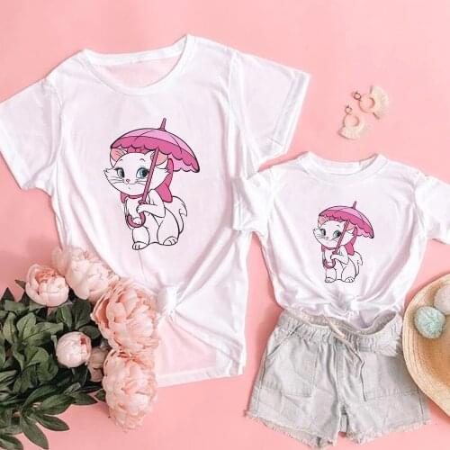 Famliy Look Women T-Shirt 3D Marie Cat Open An Umbrella Print Casual Kids Tee Disney The Aristocats Mama and Daughter Clothes