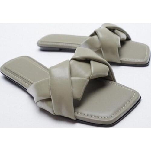 YUE JABON Womens shoes flat slippers with square head summer new style khaki braided low-heel slippers