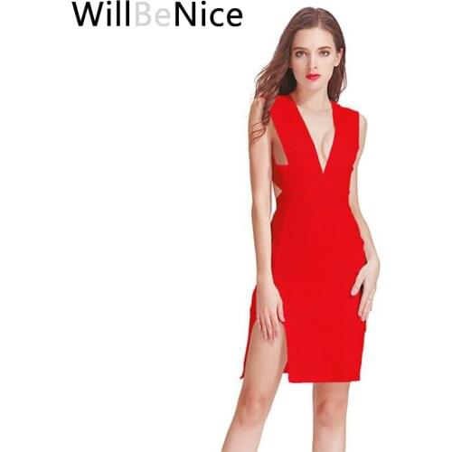 WillBeNice Red New Arrival 2019 Cheap Women Deep V Neck Open Fork Knee Length Cut Out Sexy Bodycon Bandage Dress Party Celebrity