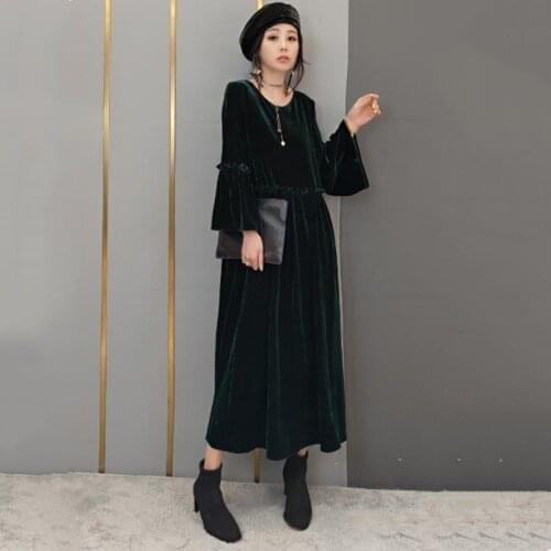 2020 High Quality Wrist Flare Sleeve Long Dress New Arrival Autumn Winter Velvet Dress Plus Size Vestisod M-6XL 7XL Wine Purple