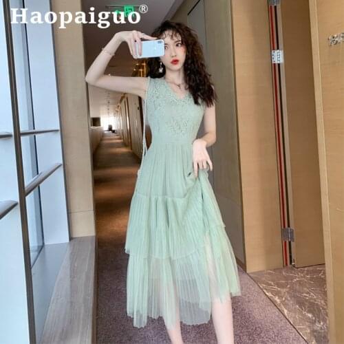 Cake Style Green Dress Summer 2019 Sleeveless Lace Patchwork Mesh Long Dress Women Elegant Casual Bodycon Dress Plus Size Robe