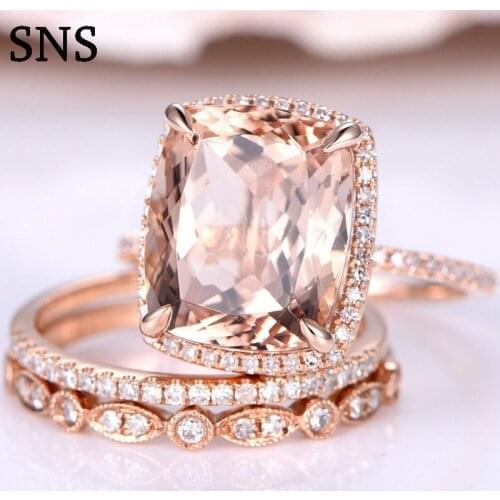 4.2carat 12*10mm Real Natural Morganite Engagement Ring Set Solirate with Moissanite EF color 14k Rose Gold For Women