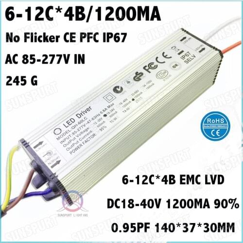 2 Pcs No Flicker CE IP67 PF>0.9 60W AC85-277V LED Driver 6-12Cx4B 1200mA DC18-40V Constant Current For Spotlights Free Shipping