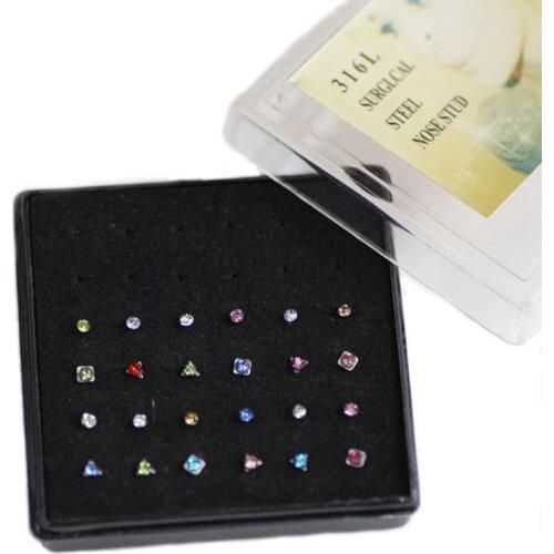 24pcs Heart/Triangle Nose Piercing Body Jewelry Stainless Steel Nose Ring CZ Zircon Lip Labret Piercing Nose Stud Bijoux
