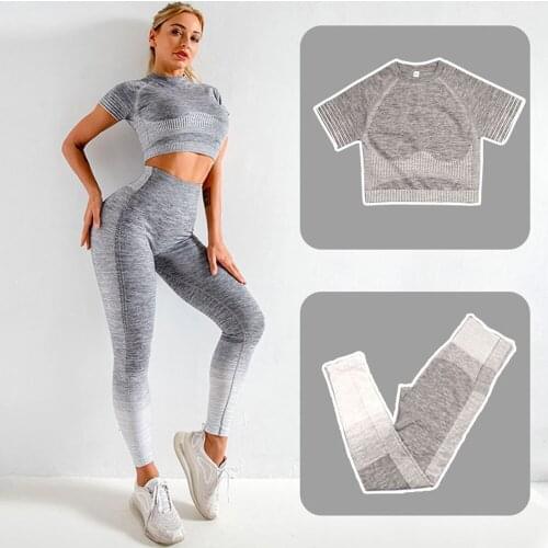 2PCS Seamless Women Yoga Set Workout Sportswear Gym Clothing Fitness Long Sleeve Crop Top High Waist Leggings Sports Suits