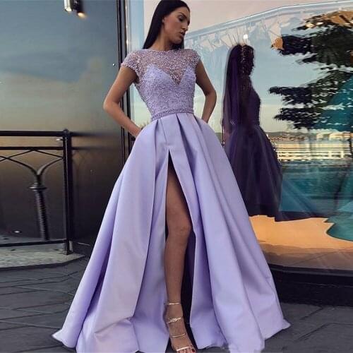 BeryLove Lavender Evening Dresses Elegant Prom Dress Slit 2021 Women Satin Formal A line Party Gown robe soiree vestido de festa