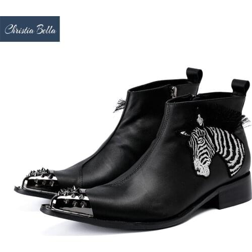 Christia Bella Printing Men Shoes Genuine Leather Boots New Fashion Simplicity Pointed Toe Boots Large Size Zipper Short Boots