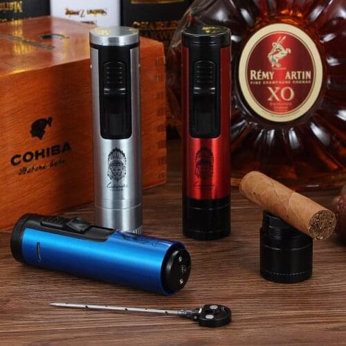 LUBINSKI Gas Lighter Cigar Torch Punch Needle Drill Perfect Draw Hole Cigar Holder Dropship Smoking Accessories Cigar Lighter