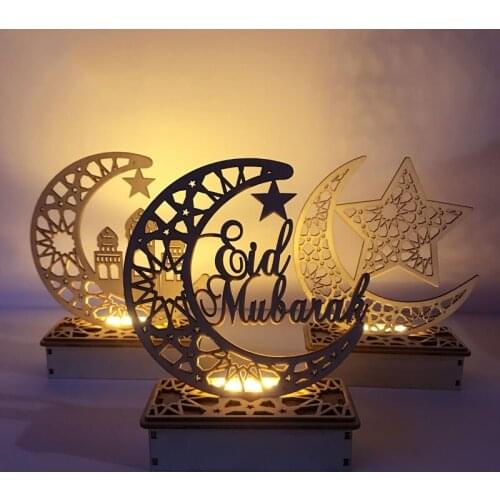 EID Mubarak Wooden Pendant with LED Candles Light Ramadan Decorations For Home Islamic Muslim Party Eid Decor Kareem Ramadan