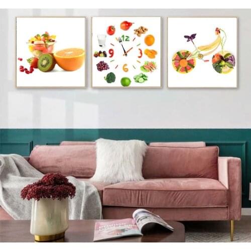 Food Painting Funny Vegetable Fruit Bike Art Lemon Bicycle Clock Poster and Print Nordic Scandinavian Kitchen Bedroom Home Decor