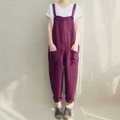 Plus Size ZANZEA 2021 Summer Women Loose Casual Bib Overalls Cotton Linen Rompers Long Jumpsuits Solid Strappy Pockets Dungarees