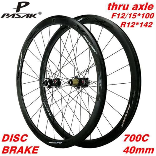 700C Disc Brake Road wheelsey PASAK road bike wheeles thru axle f12 f15 r12alloy 40mm 6-bolt lock hub draw the spokes Aluminum