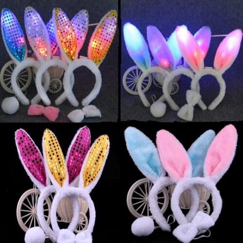 Cute Flashing Plush Fluffy Bunny Rabbit Ears Headband Bow Tail Costume Dress Up Rabbit Cosplay Halloween Christmas