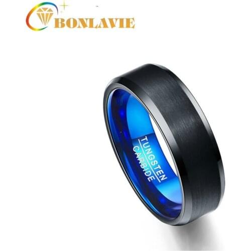 BONLAVIE 8mm Width Wedding Band Tungsten Carbide Black Flat Frosted Surface + Blue Inner Ring Tungsten Steel Ring