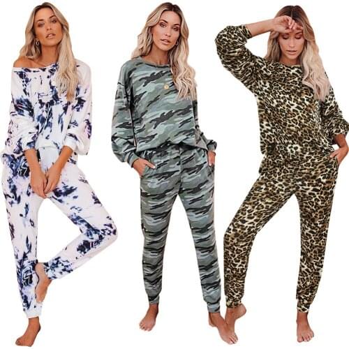 2020 autumn and winter European and American casual tie-dye home pajamas two-piece round neck long sleeve home service suit wome