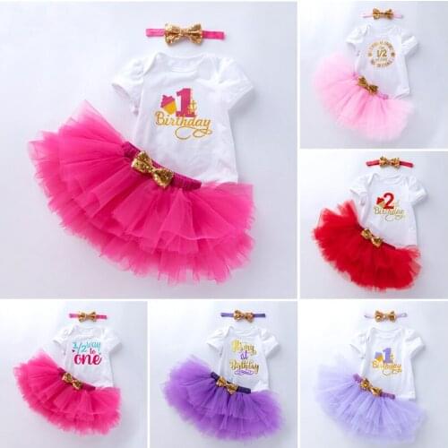 Baby Girls 1st 2nd Birthday Party Romper Bubble Tutu Skirt Cake Ice Cream Printed Birthday Outfit Infant Girl Bling Headband