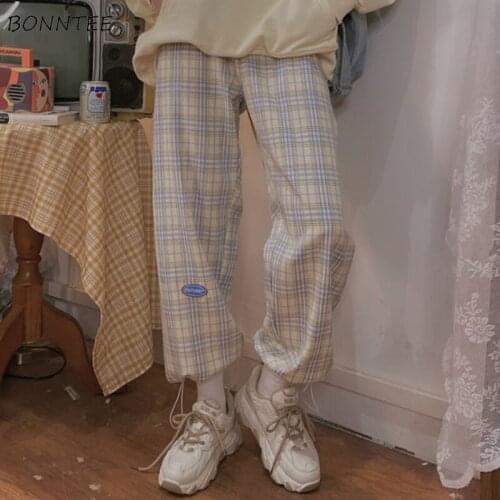 Casual Pants Women Wide Leg Simple Korean Plaid Pockets Daily Spring High-waist Fashion Mujer Pantalon Elegantes BF Streetwear
