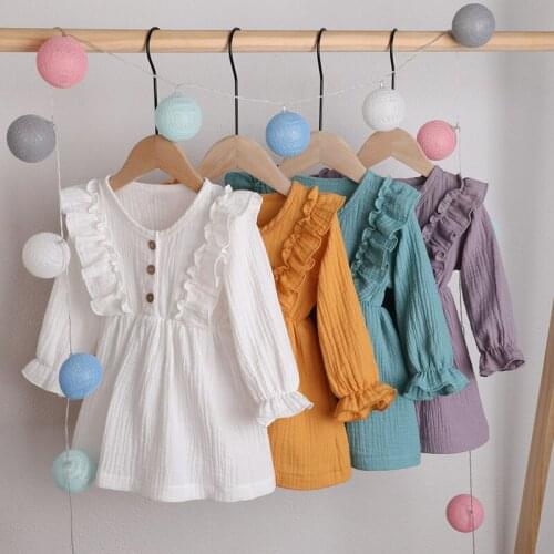 0-5Y Toddler Kids Baby Girl Spring Autumn Dress Ruffles Long Sleeve Solid Cotton Linen Party Casual Dress Clothes
