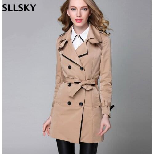 SLLSKY Women Autumn Long Trench Coat Casual Office lady Plus Size Fashion Coat Double Breasted Patchwork Turn-down Collar Tops